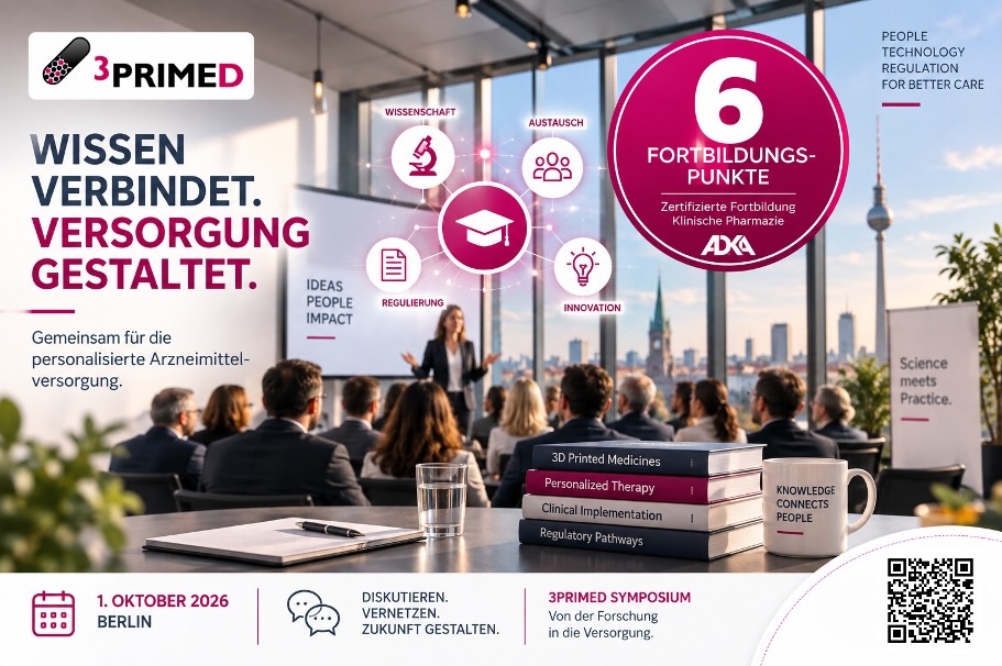 Visual zum 3PRIMED Symposium am 1. Oktober 2026 in Berlin. Wissenschaft, klinische Pharmazie und Praxis kommen zum fachlichen Austausch über personalisierte und 3D-gedruckte Arzneimittel zusammen. Das Symposium ist mit 6 Fortbildungspunkten akkreditiert.