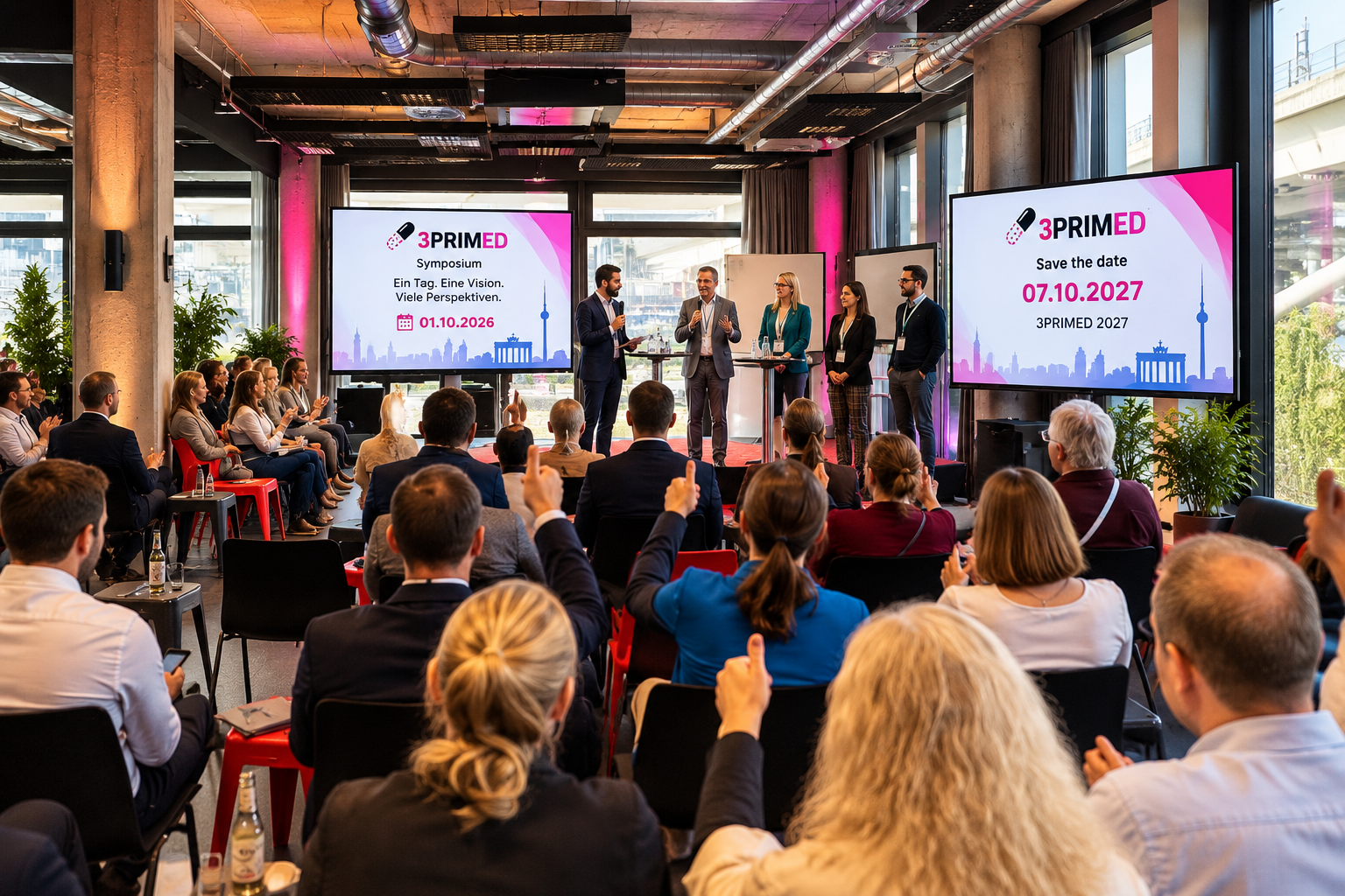 3PRIMED Symposium 2026 in Berlin mit Podiumsgästen und Moderator vor einem engagierten Publikum, mit Ausblick auf das zweite 3PRIMED Symposium am 7. Oktober 2027.
